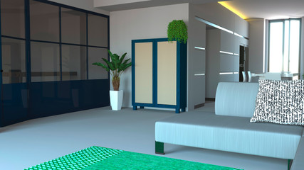 Parete vetrata in ferro e vetro di color blu, soggiorno, living space e cucina. Design di interni moderno. 3d rendering. Open space - obrazy, fototapety, plakaty