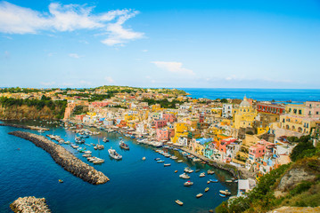 Procida, Italy-August 18, 2016: Overview of Porto Corricella in Procida Island, Italy