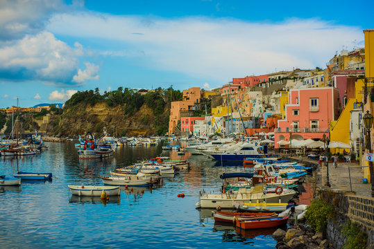 Procida, Italy-August 18, 2016: Overview of Porto Corricella in Procida Island, Italy