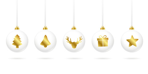 white christmas balls with golden decoration christmas tree bell reindeer gift and star vector illustration EPS10