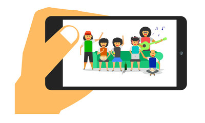 take a photo group boy man party friendship together sofa front-back view vector illustration ep10