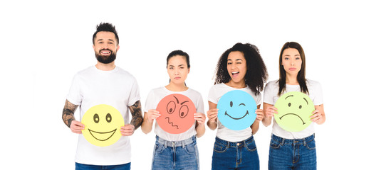 multicultural friends holding signs with different face expressions isolated on white