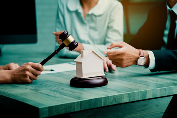 Gavel Law for smash table of judges. It represents justice. Property auction on real estate. There...
