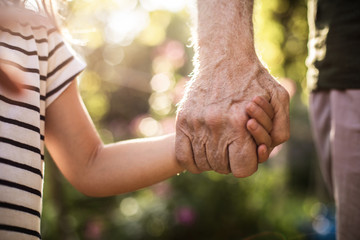 Hands of kid and old man with blurred foliage on background