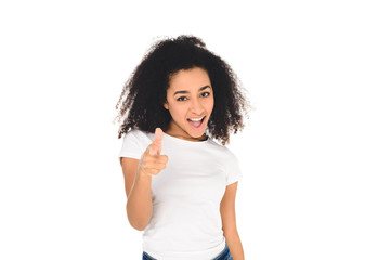 attractive african american girl pointing with finger at camera isolated on white