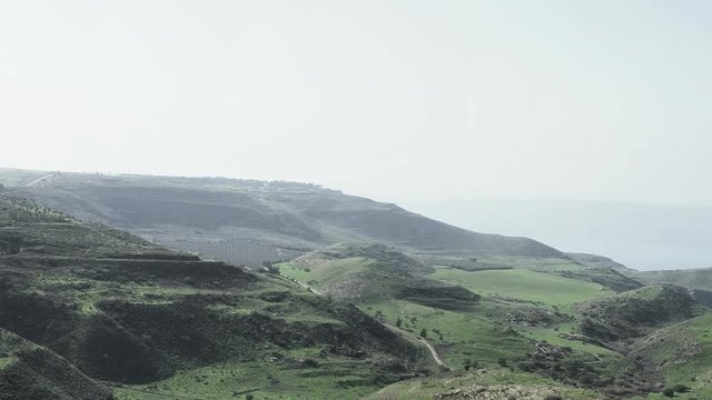 Panorama viw of Golan heights formed by spilled basaltic volcanic lava . Israel. 4k