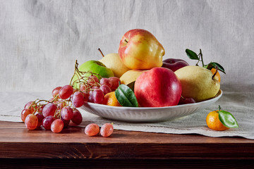 fruit still life, fruit laid out on the table and background