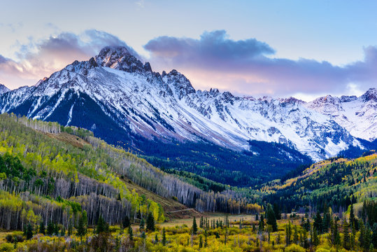 Beautiful and Colorful Colorado Rocky Mountain Autumn Scenery. Mt. Sneffels in the San Juan Mountains at Sunrise