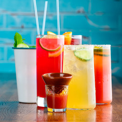 set of Classic alcoholic cocktails on bar counter in pup or restaurant