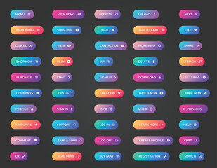 Web buttons collection. Ui, web buttons. Vector buttons on trendy gradients with icons for web and ui design - obrazy, fototapety, plakaty