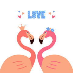 Couple of cute cartoon style pink flamingos, looking at each other with love. Vector illustration, card for Valentines Day.