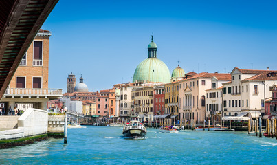 Fototapeta na wymiar Panoramic sityscape of Venice channel grande with cathedral view.