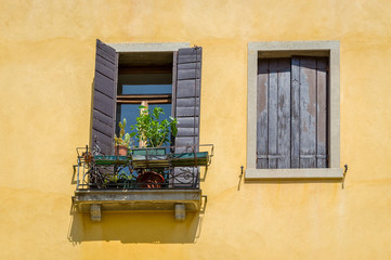 Fototapeta na wymiar Colorful yellow house wall with windows and flower