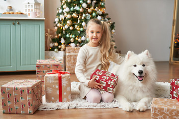 Christmas Child girl with dog Samoyed . Christmas, winter and people concept.Children playing with puppies under Christmas tree. Christmas greeting card. Happy New Year! New Year at home