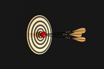 three arrows piercing an apple at a golden target on a black background