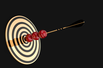 golden arrow pierced three red apples at a gold target on a black background