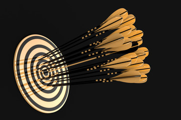 lot of golden arrows hit the gold target close to the center on a black background