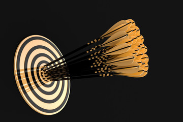 lot of golden arrows hit the center of the gold target on a black background