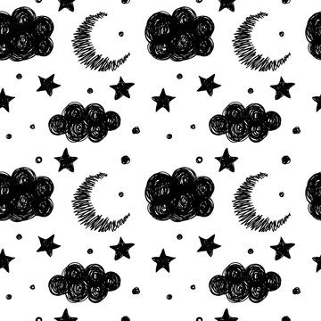 Handmade contrast seamless pattern. Childish craft monochrome wallpaper for birthday card, baby nappy, school party advertising, shop sale poster, holiday wrapping paper, textile, bag print etc.