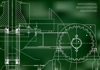 Engineering illustrations. Blueprints. Mechanical drawings. Technical Design. Banner. Green background. Grid