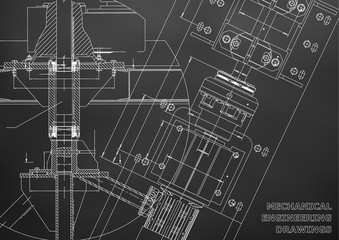 Mechanical engineering drawings. Technical Design. Blueprints. Black background. Grid