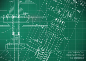 Mechanical engineering drawings. Technical Design. Blueprints. Light green background. Grid