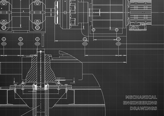 Mechanical engineering drawings. Technical Design. Engineering backgrounds. Blueprints. Black background. Grid