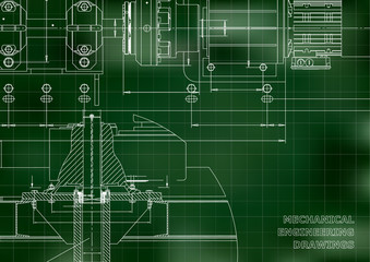 Mechanical engineering drawings. Technical Design. Engineering backgrounds. Blueprints. Green background. Grid