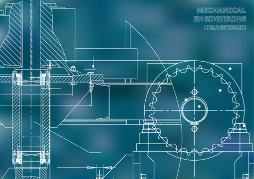 Engineering illustrations. Blueprints. Mechanical drawings. Technical Design. Banner. Blue background. Grid