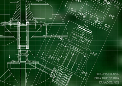 Mechanical engineering drawings. Technical Design. Blueprints. Green background. Grid
