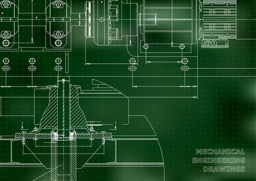 Mechanical engineering drawings. Technical Design. Engineering backgrounds. Blueprints. Green background. Points
