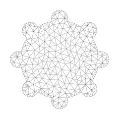 Polygonal vector gear icon on a white background. Polygonal wireframe grey gear image in low poly style with connected triangles, nodes and linear items.
