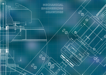 Mechanical engineering drawings. Technical Design. Instrument making. Blueprints. Blue background. Grid