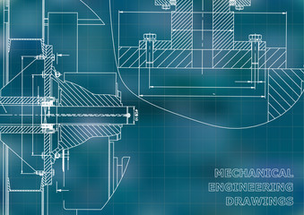 Technical illustration. Mechanical engineering. Backgrounds of engineering subjects. Blue background. Grid