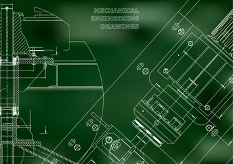 Mechanical engineering drawings. Technical Design. Instrument making. Blueprints. Green background. Grid