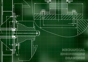 Technical illustration. Mechanical engineering. Backgrounds of engineering subjects. Green background. Grid
