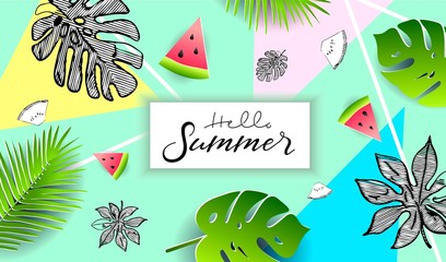 Vector summer poster. Paper cut style. Hello summer.