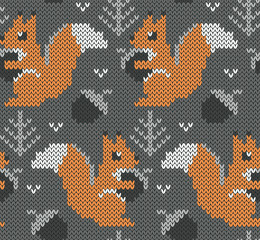 Squirrel jacquard knitted seamless pattern. Grey background with cute woodland  animals. Vector illustration. © olgdesigner