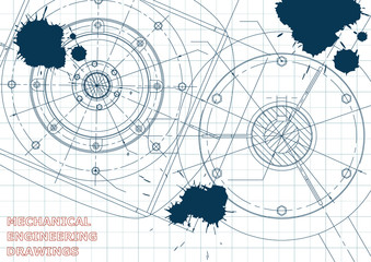 Obraz premium Mechanical engineering drawings. Vector background. Draft. Ink. Blots