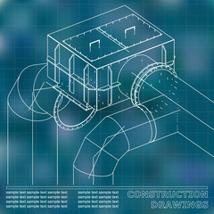 Drawings of steel structures. Pipes and pipe. 3d blueprint of steel structures. Blue background. Grid