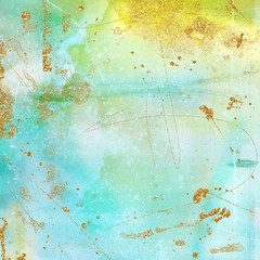 Collage texture background with grungy brush strokes, patterns and gold details. Bohemian and...