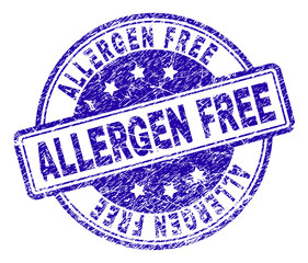 ALLERGEN FREE stamp seal imprint with distress texture. Designed with rounded rectangles and circles. Blue vector rubber print of ALLERGEN FREE caption with corroded texture.