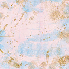 Collage texture background with grungy brush strokes, patterns and gold details. Bohemian and artistic style with glitter, drips, stains and paint effect.