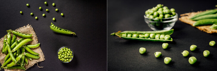 Pods of green peas and pea on a dark background.