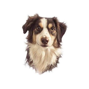 Realistic Portrait of Australian Collie, shepherd dog. Head of a cute puppy isolated on white background. Animal art collection: Dogs. Hand Painted Illustration of Pet. Design template. Good for print