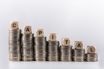 Stacked euro coins with cube letters on them depicting the word Capital. Concept: finances and...