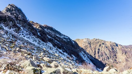 Peak of the mountain covered by snow, winter in Sochi, Russia.