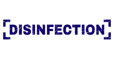 DISINFECTION text seal print with distress style. Text title is placed inside corners. Blue vector rubber print of DISINFECTION with unclean texture.