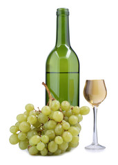 Fototapeta premium Glass of wine and green grapes on white background