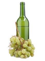 Glass of wine and green grapes on white background